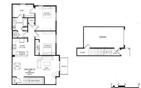 Floor plan for 2 beds, 1 bath, 1168 sqft